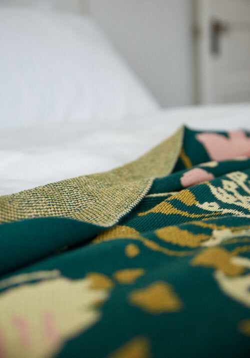 Poppies & Lotus Forest Green Blanket