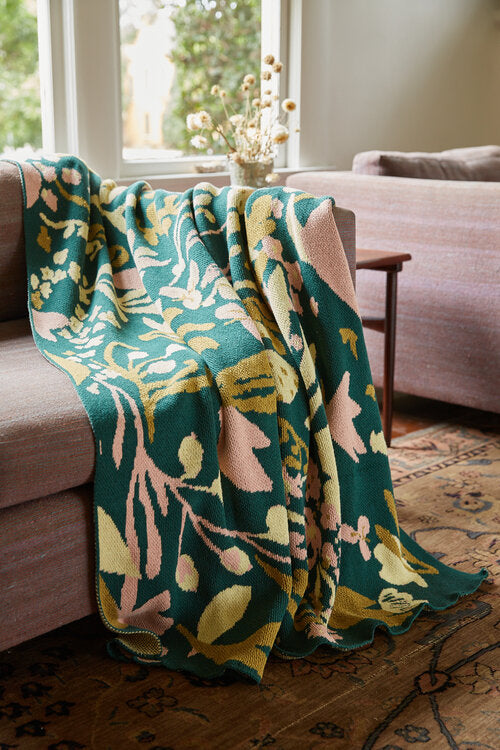 Poppies & Lotus Forest Green Blanket